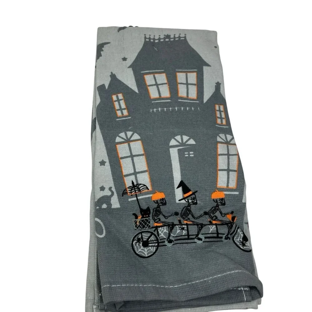 FAO Schwarz Towels Set Gray Halloween Skeleton Haunted‎ House Kitchen Decor
